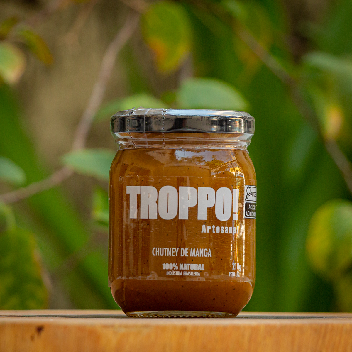 Pote de vidro de Chutney de Manga Troppo Artesanal 210g sobre madeira com fundo verde