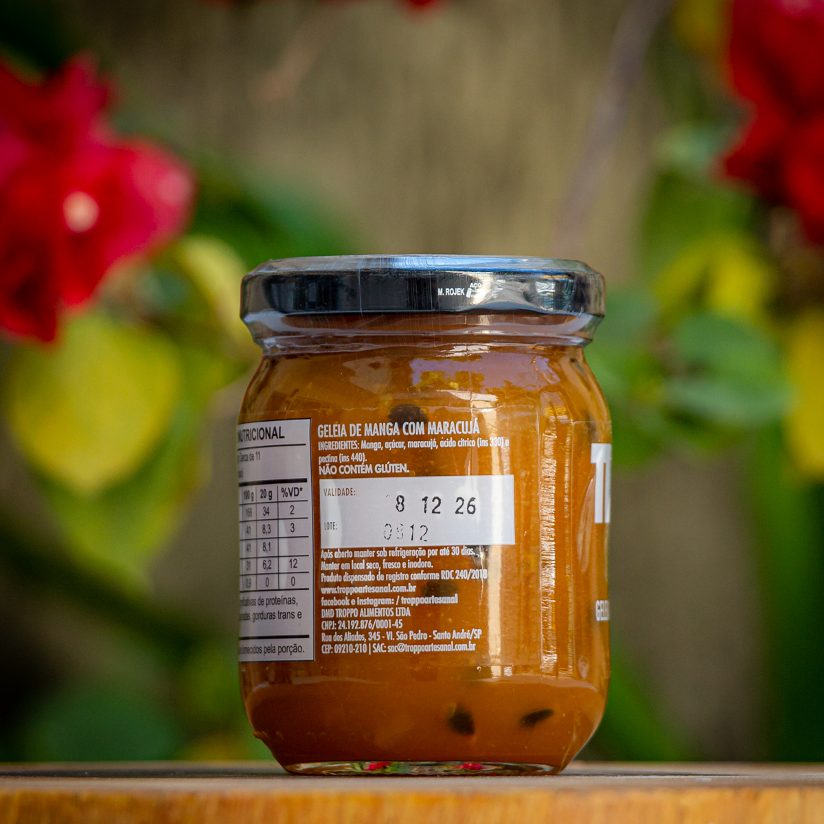 Rótulo lateral Geleia de Manga com Maracujá Troppo ingredientes fabricante Santo André SP e selo sem glúten