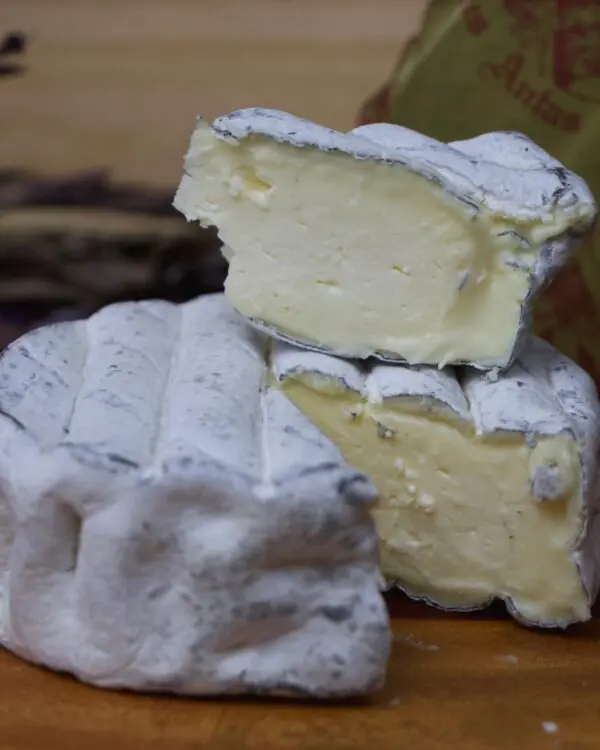 Cunha farta do Queijo Lua Cheia cremoso exibindo sua fina camada de carvão vegetal sob a casca branca. Cunha farta do Queijo Lua Cheia cremoso exibindo sua fina camada de carvão vegetal sob a casca branca.