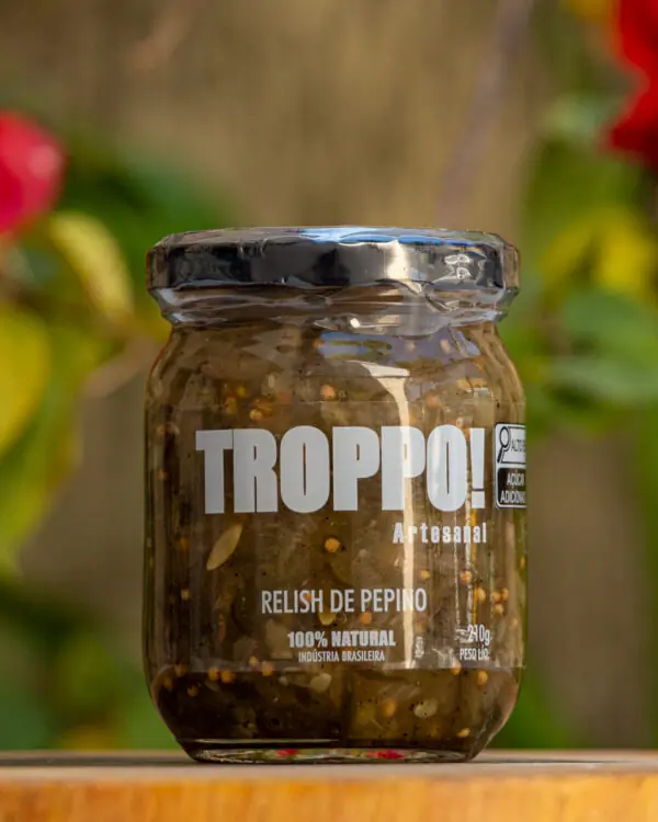 Relish de Pepino Troppo pote de vidro artesanal 210g 100 por cento natural com pedaços de pepino e sementes de mostarda