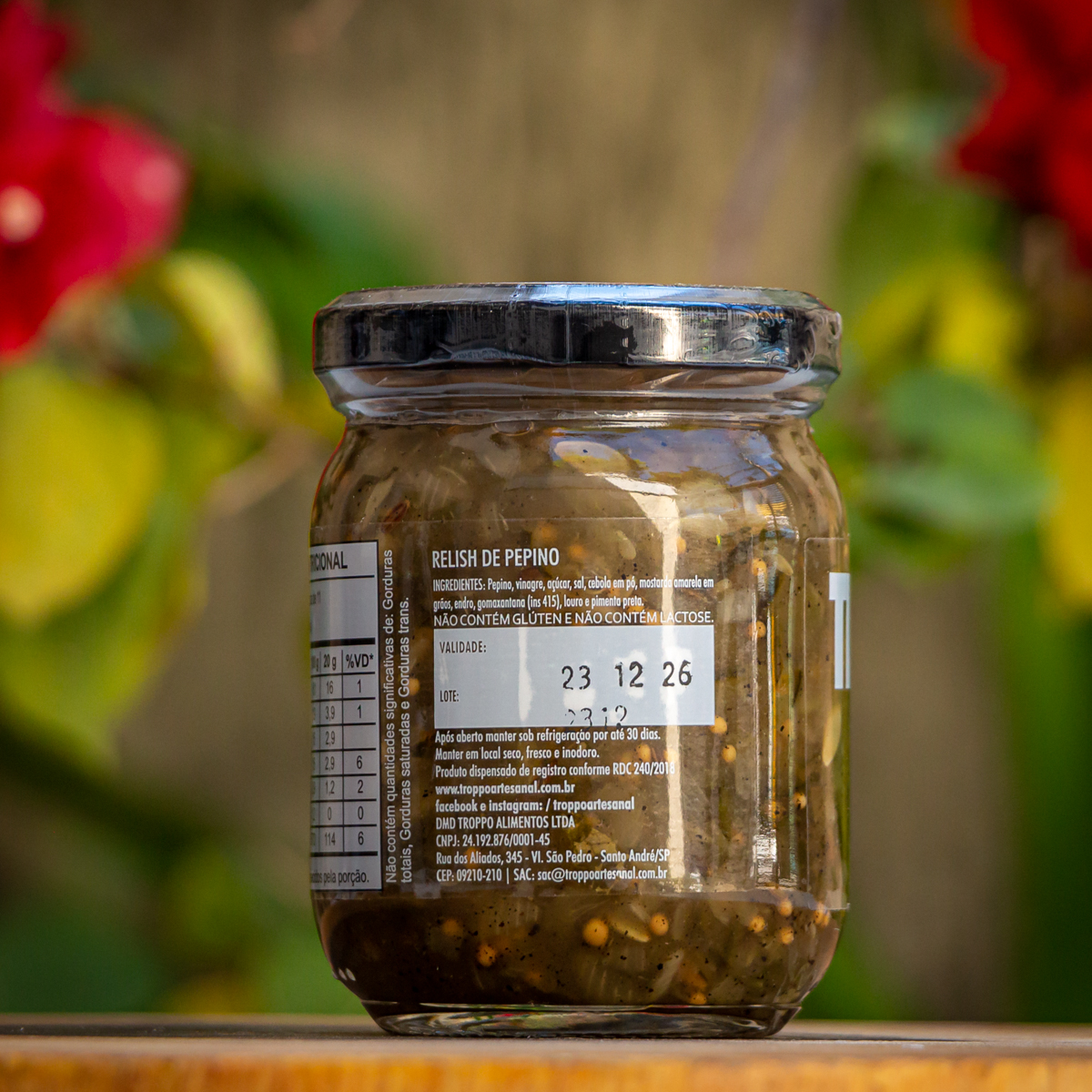 Rótulo lateral Relish de Pepino Troppo ingredientes endro mostarda em grãos fabricante Santo André SP