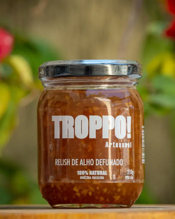 elish de Alho Defumado Troppo pote de vidro artesanal 210g 100 por cento natural com pedaços de alho visíveis