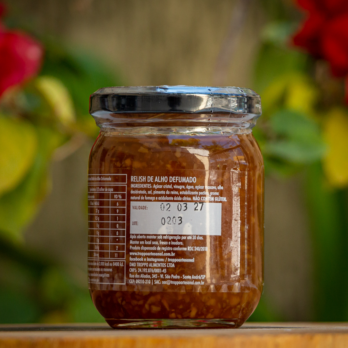 Rótulo lateral Relish de Alho Defumado Troppo ingredientes alho desidratado aroma de fumaça fabricante Santo André