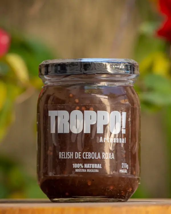 Relish de Cebola Roxa Troppo pote de vidro artesanal 210g 100 por cento natural cor roxa intensa com sementes de mostarda
