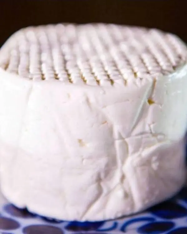 Queijo Frescal artesanal Fazenda Atalaia redondo de massa branca com textura marcada sobre prato decorado azul. Queijo Frescal artesanal Fazenda Atalaia redondo de massa branca com textura marcada sobre prato decorado azul.