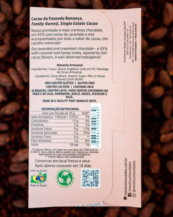 Chocolate ao Leite Crema 45% - Mestiço - 60g -1 Chocolate ao Leite Crema 45% - Mestiço - 60g -1