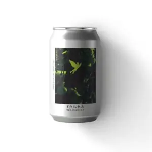 Lata de 350ml da Cerveja Melonrise, uma Hazy IPA da Cervejaria Trilha, com seu rótulo artístico verde e preto.