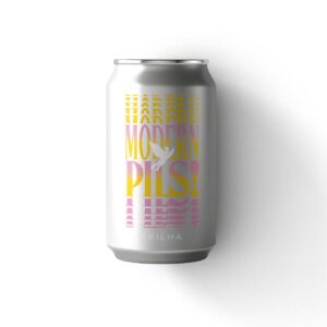 Lata de 350ml da Cerveja Modern Pils da Cervejaria Trilha, com rótulo minimalista em fundo branco.