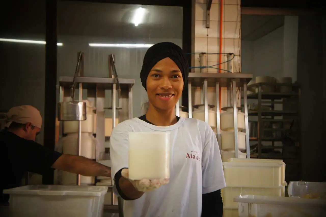 O que é o Queijo Tulha e como ele é feito: O Guia Completo - 3 Colaboradora da Fazenda Atalaia apresentando um Queijo Tulha fresco recém-moldado em sua câmara de produção em Amparo, SP.