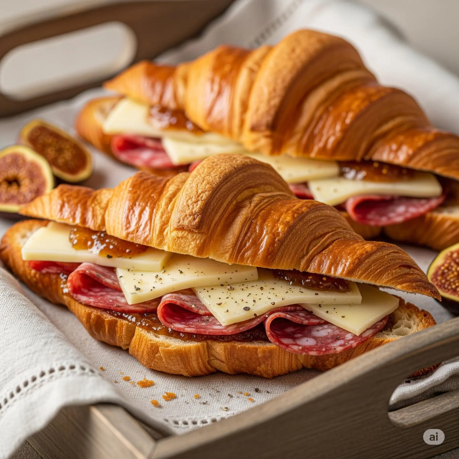 16 ideias de café da manhã romântico para surpreender - 19 Croissant recheado com salame tipo italiano, queijo tulha e geleia de figo