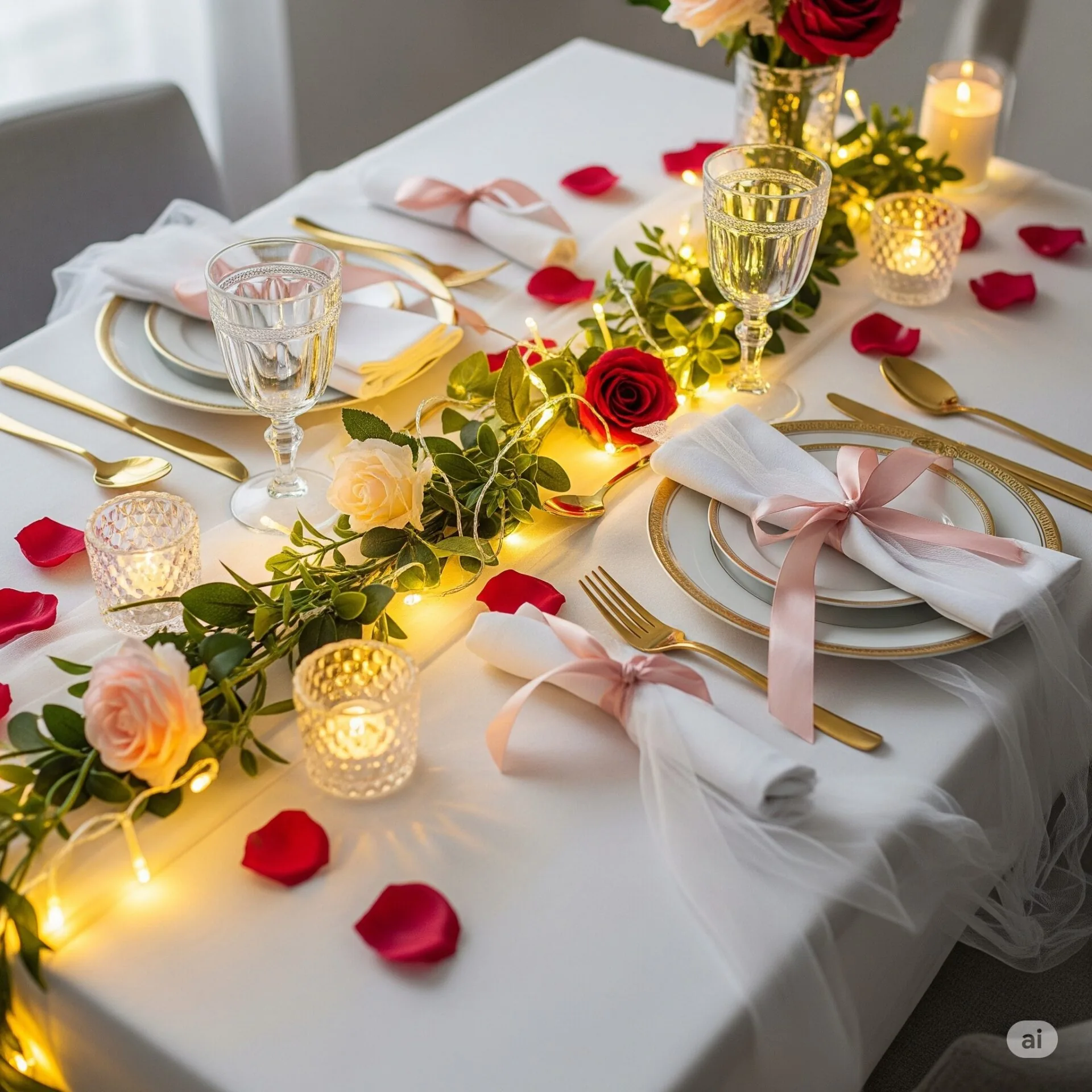 10 ideias de como montar mesa posta para o dia dos namorados - 7 Decoração de Mesa com luzinhas e clima de conto de fadas