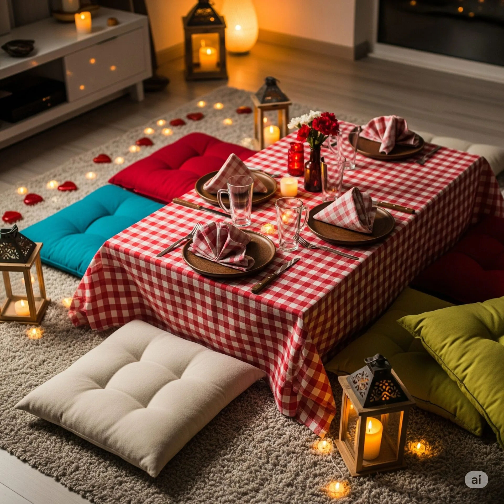 10 ideias de como montar mesa posta para o dia dos namorados - 6 Decoração de Mesa posta Estilo piquenique indoor