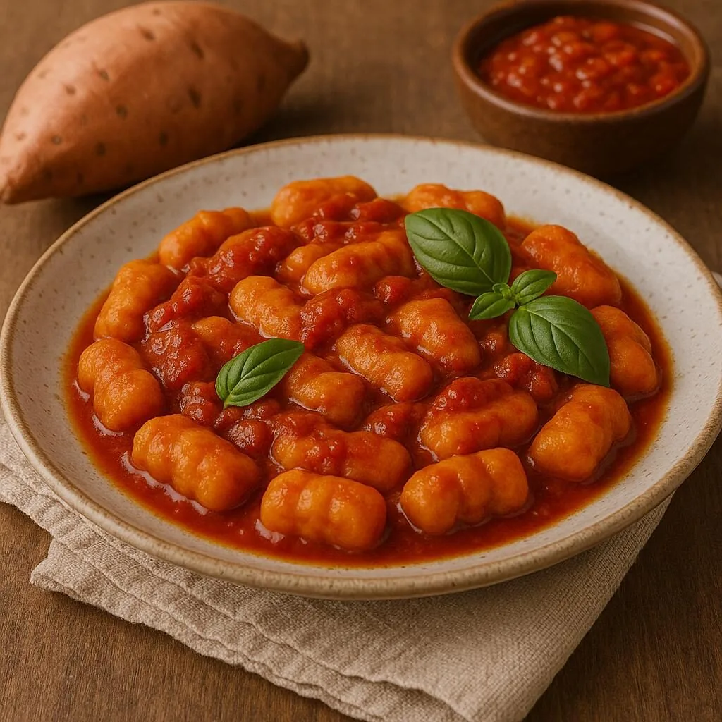 Almoço para o Dia das Mães 2025: 10 Receitas práticas - 6 Nhoque de Batata Doce com Molho de Tomate Artesanal