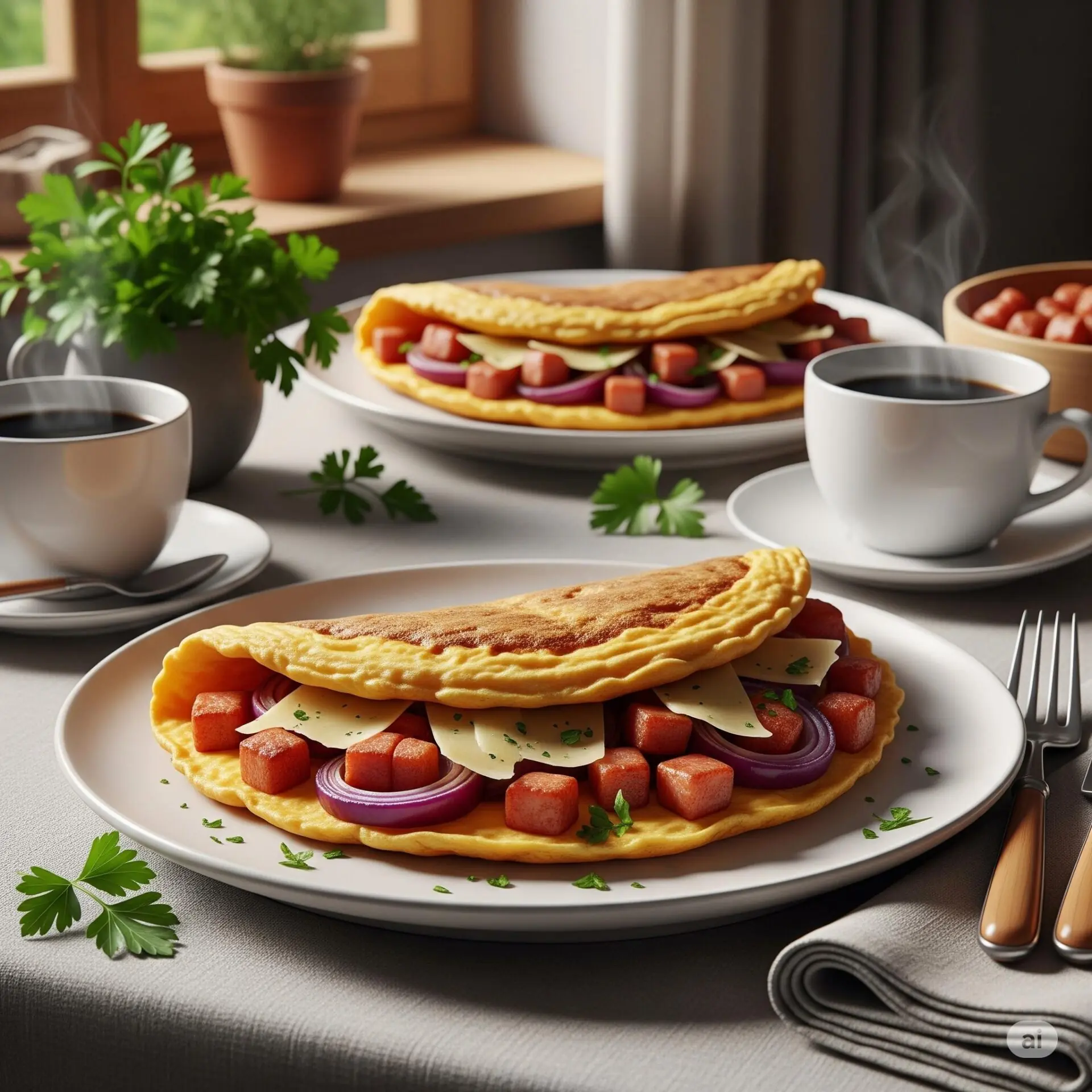 16 ideias de café da manhã romântico para surpreender - 18 Omelete rústica com pancetta defumada, queijo curado e cebola roxa