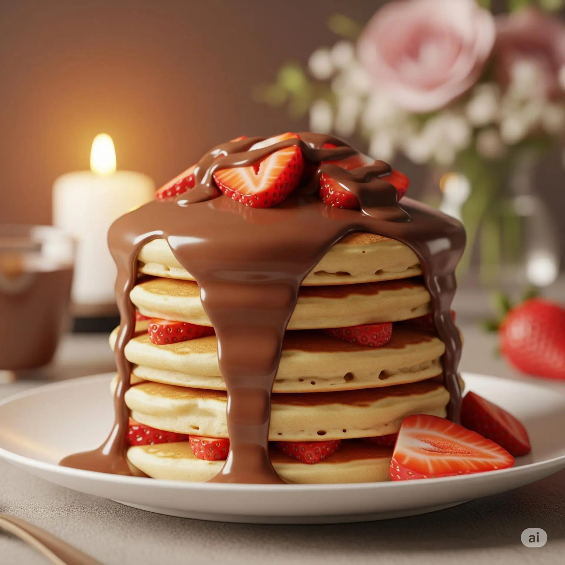 16 ideias de café da manhã romântico para surpreender - 6 Panqueca americana com ganache de chocolate e morangos