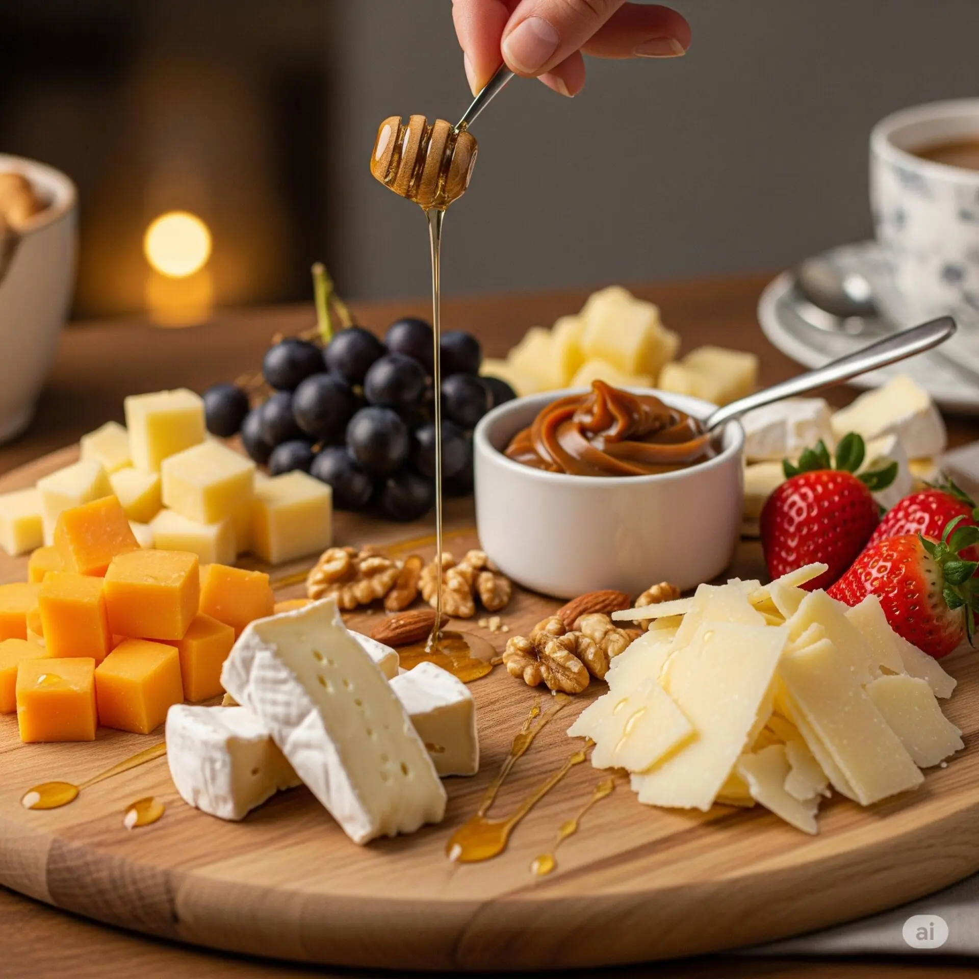 16 ideias de café da manhã romântico para surpreender - 9 Tábua doce de queijos e frutas com doce de leite