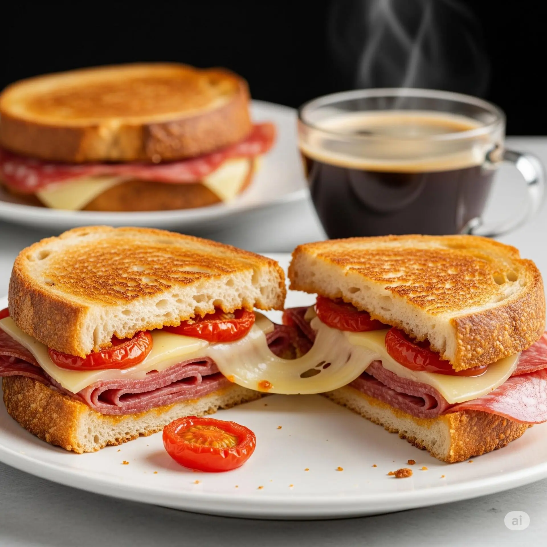 16 ideias de café da manhã romântico para surpreender - 15 Tostex de salame curado, queijo meia cura e tomate confit