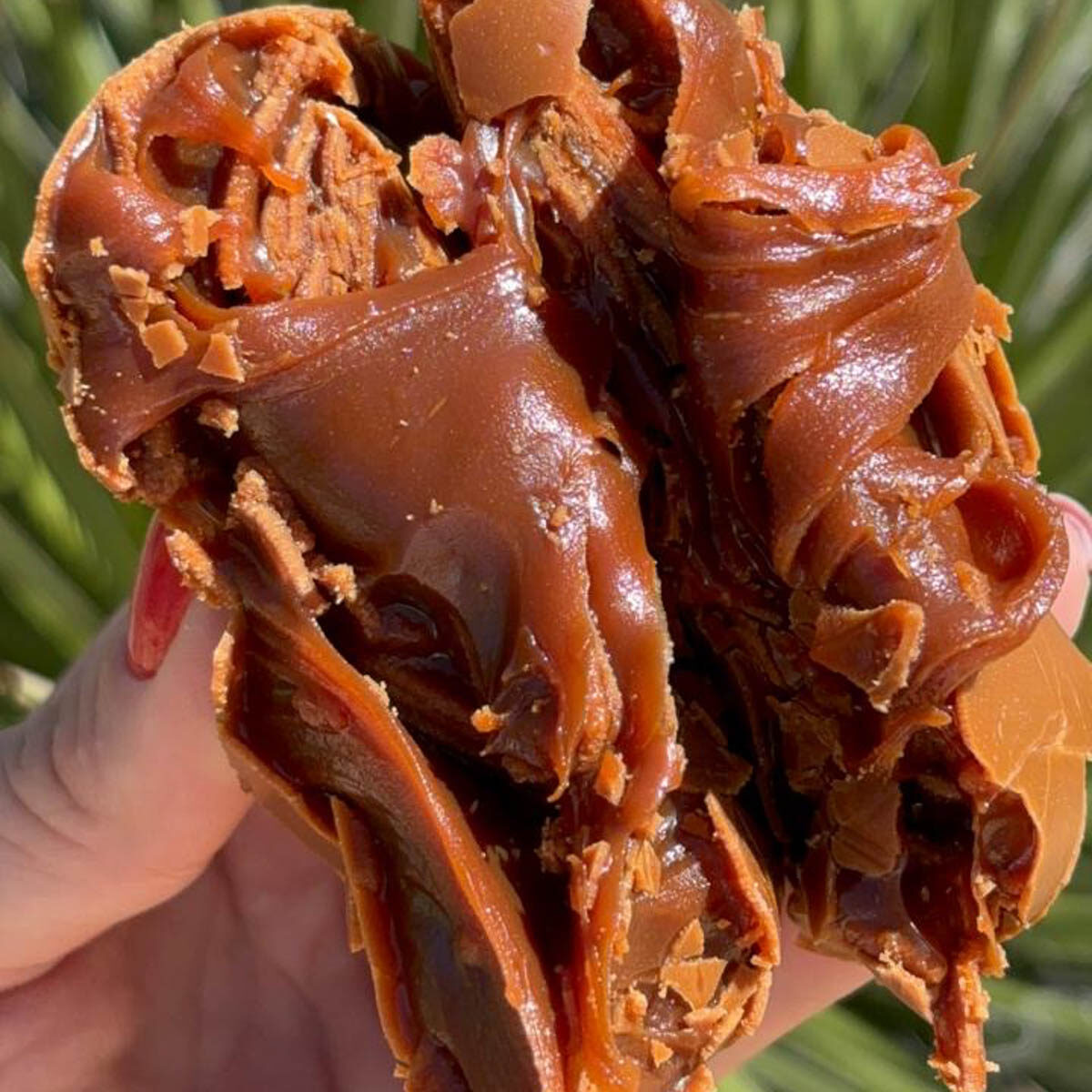 Textura cremosa e bem elástica da bala de doce de leite puxa-puxa partida ao meio, revelando interior brilhante.