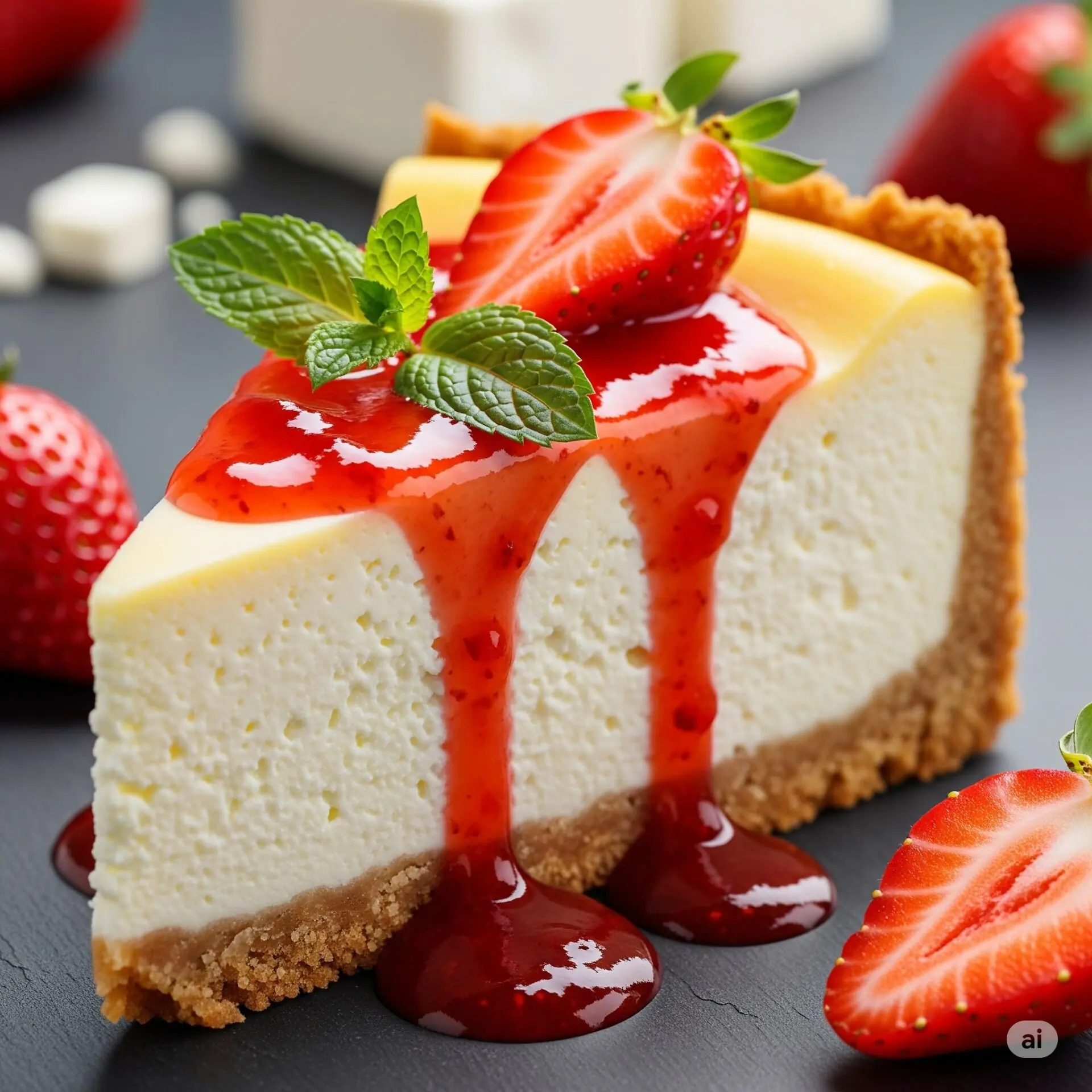 Cheesecake de Queijo Feta com Calda de Morango e Baunilha