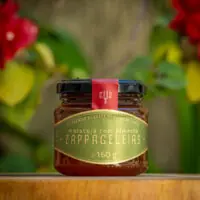 Geleia artesanal de Maracujá com Pimenta Zappa Geleias 160g rótulo verde e lacre vermelho