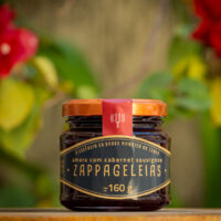 Geleia de Amora com Cabernet Sauvignon Zappa Geleias pote de vidro 160g rótulo azul e dourado tampa laranja