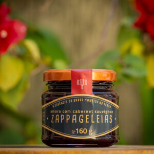 Geleia de Amora com Cabernet Sauvignon Zappa Geleias pote de vidro 160g rótulo azul e dourado tampa laranja