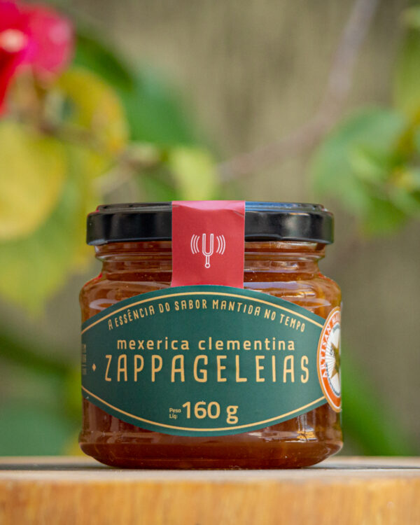Geleia de Mexerica Clementina Zappa Geleias 160g com tiras de casca visíveis no vidro