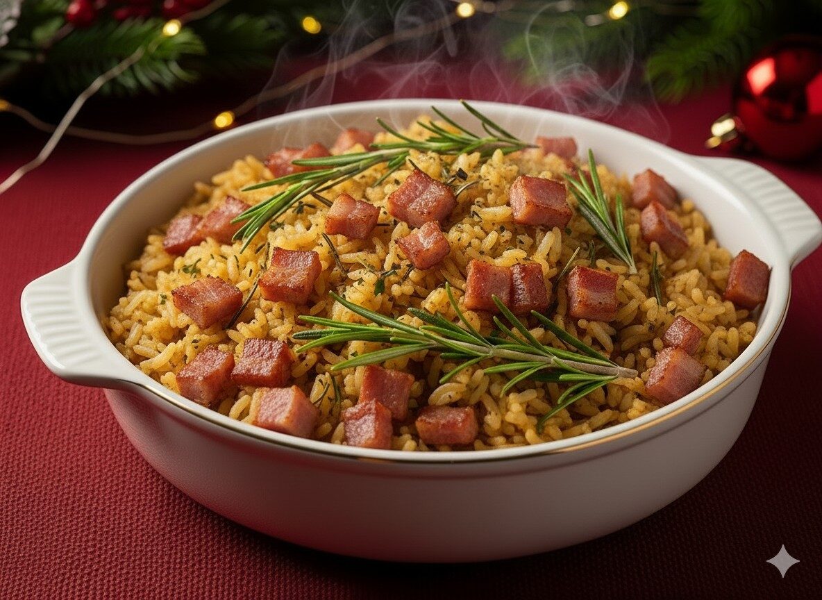 Arroz com bacon crocante e alecrim