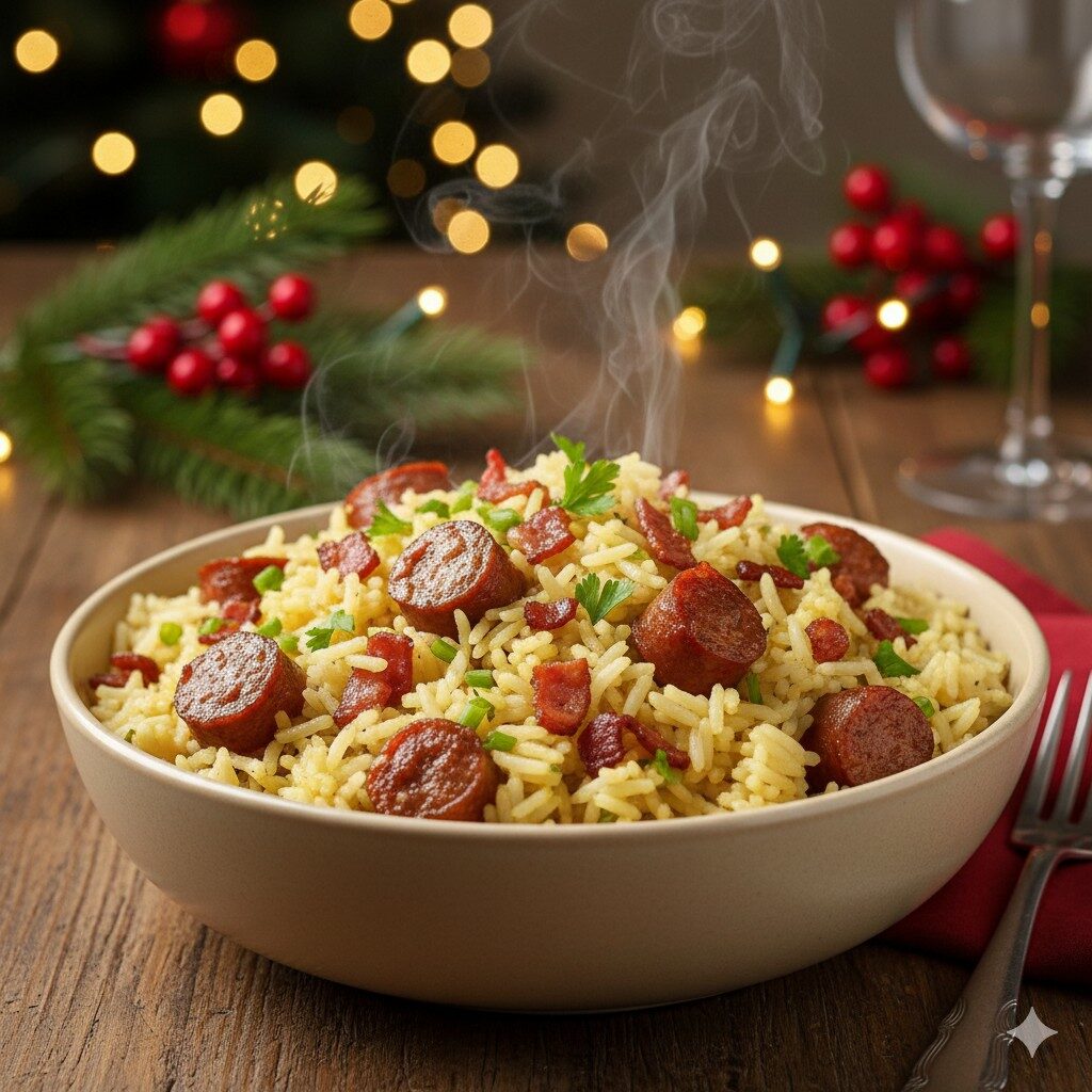 Arroz com linguiça, bacon e cheiro-verde (clássico da ceia)