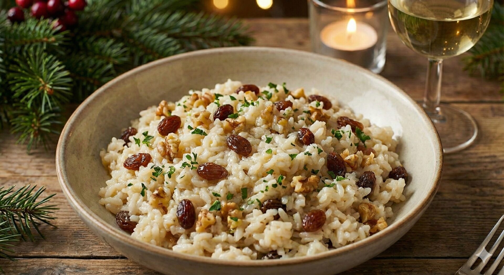 Arroz com uvas-passas, nozes e manteiga