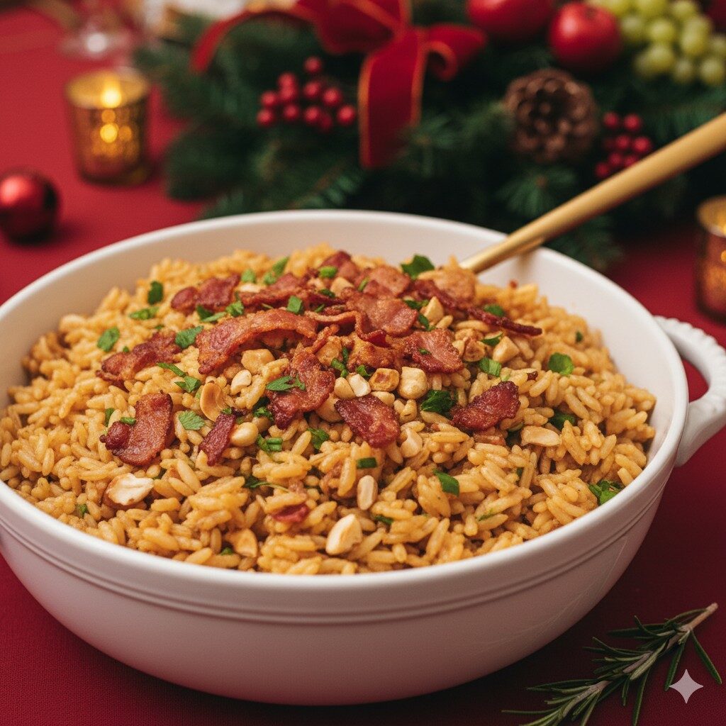 Arroz natalino com bacon crocante