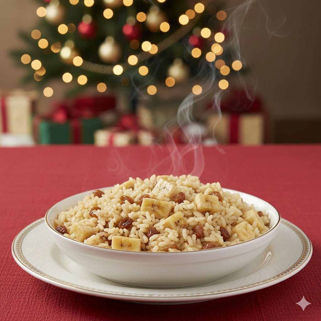 Arroz natalino com banana e passas