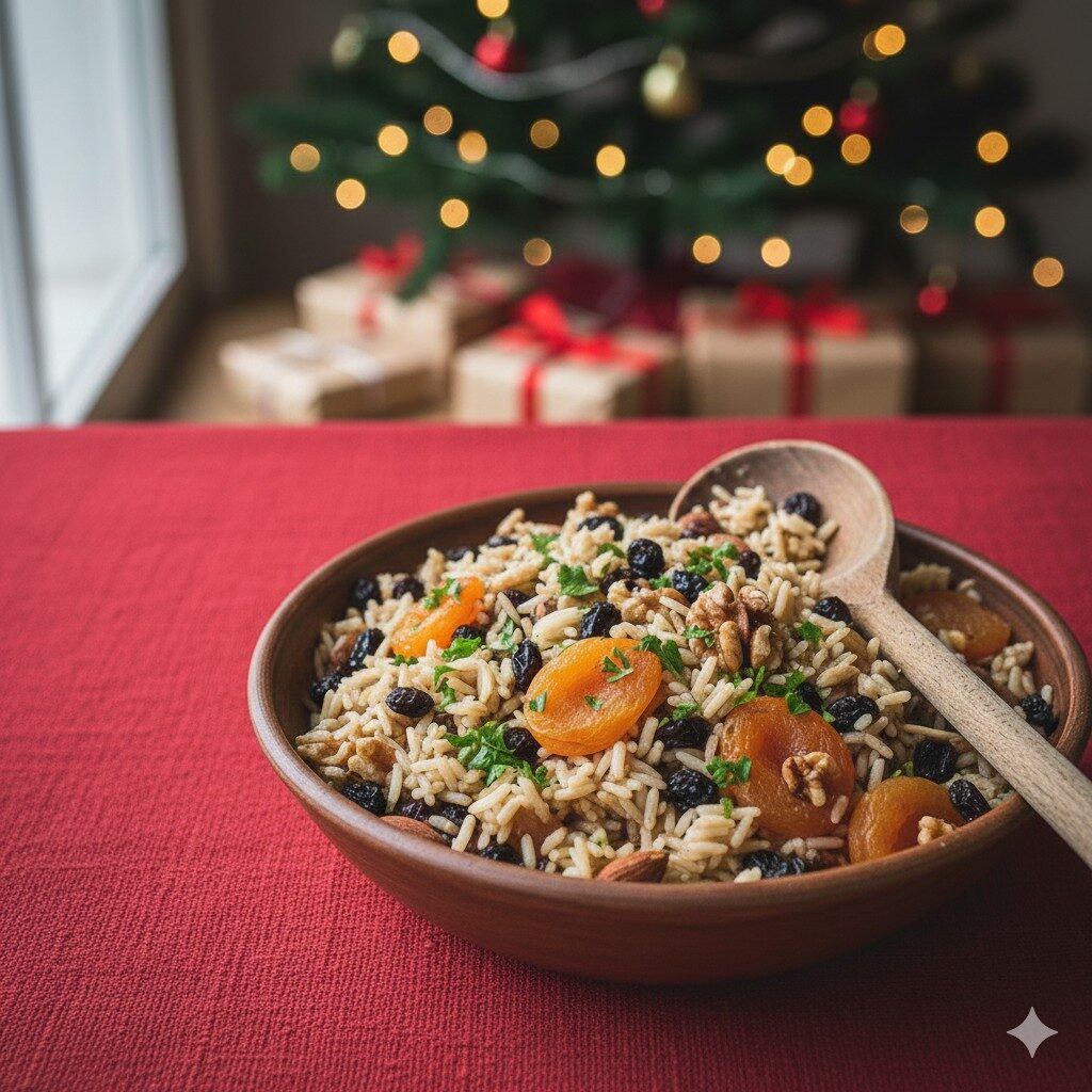 Arroz natalino com castanhas e frutas secas