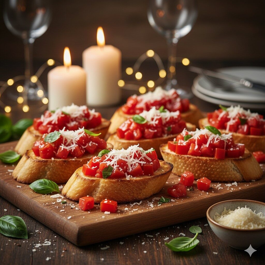 Bruschettas com tomate, manjericão e Queijo Parmesão
