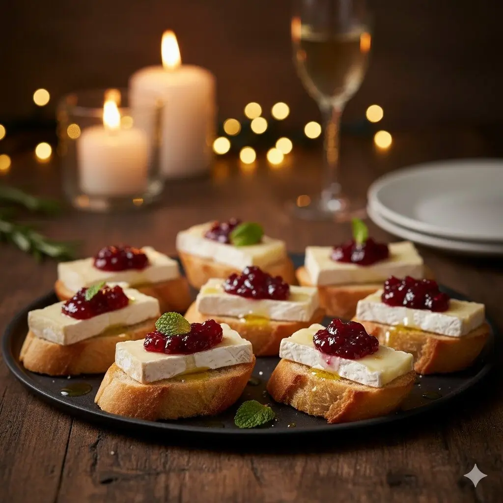Canapés com Queijo Brie e geleia de frutas vermelhas