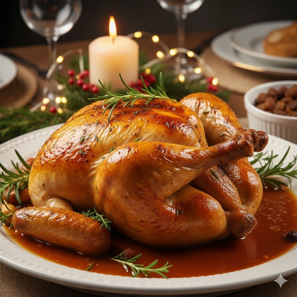 Chester (ou frango) com farofa agridoce e charcutaria