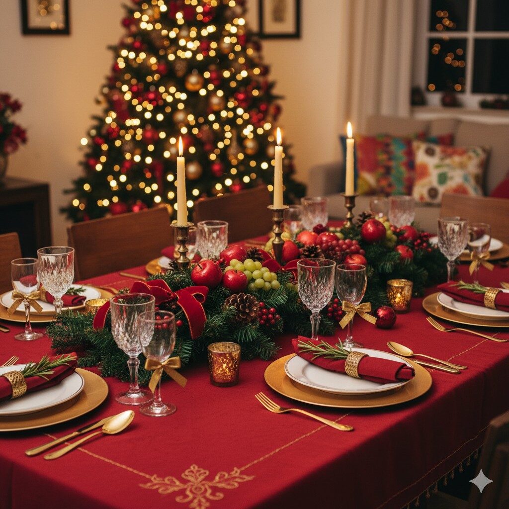 Decoração clássica com vermelho, dourado e verde