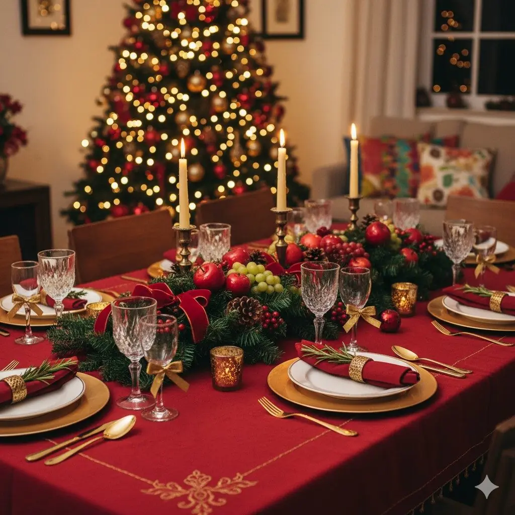 Decoração clássica com vermelho, dourado e verde