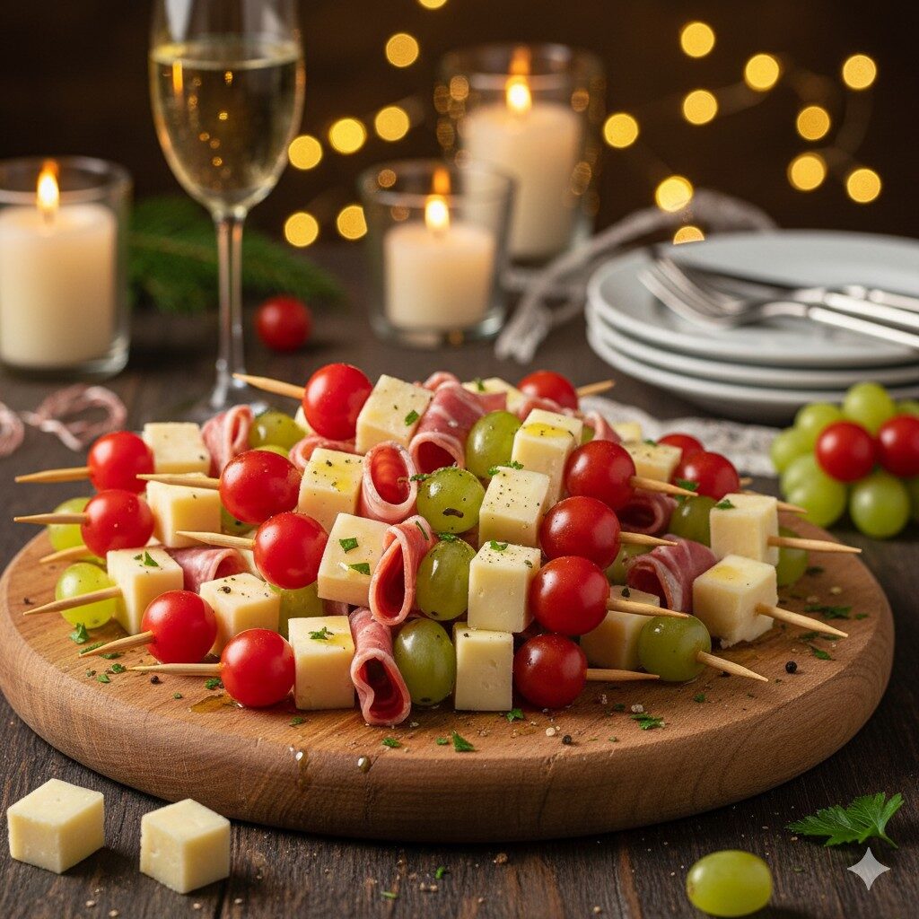 Espetinhos frios com queijo, frutas e charcutaria