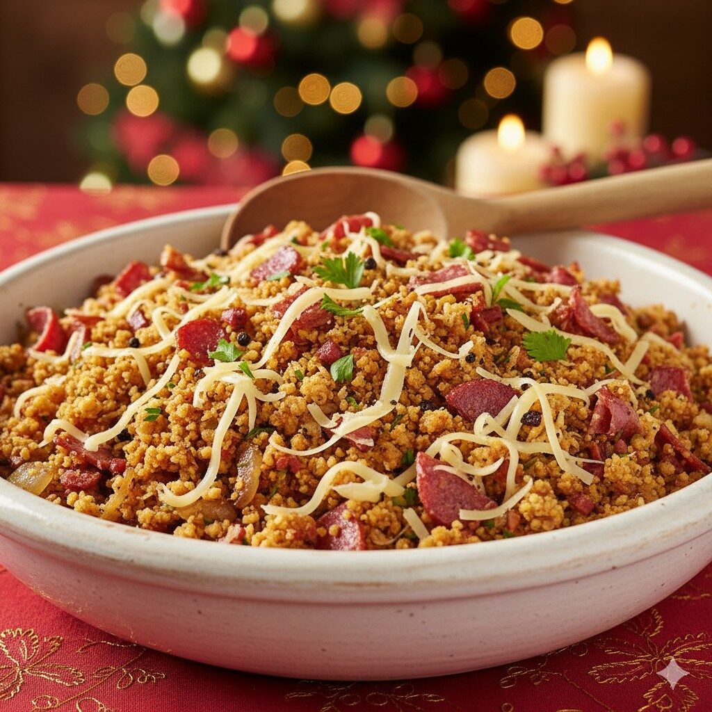 Farofa natalina com queijo artesanal e charcutaria