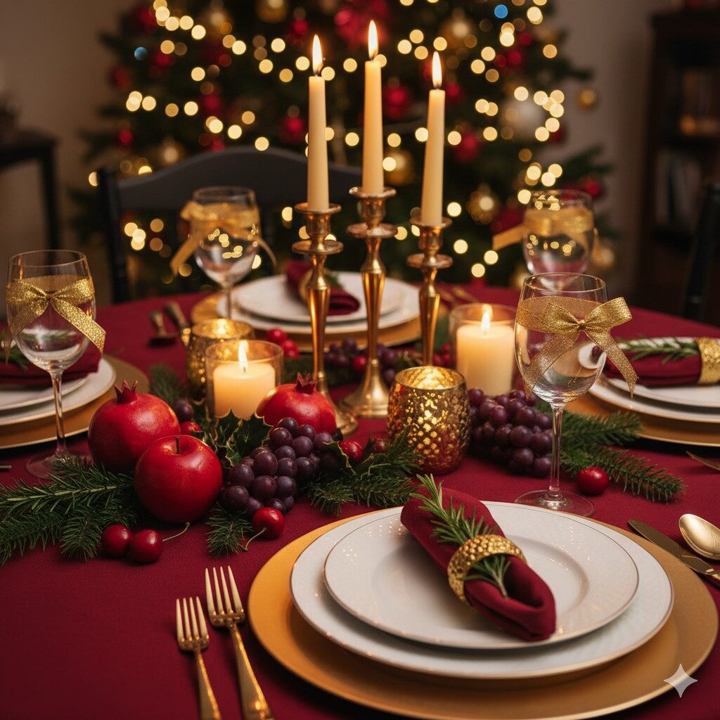 Mesa de Natal com elementos naturais