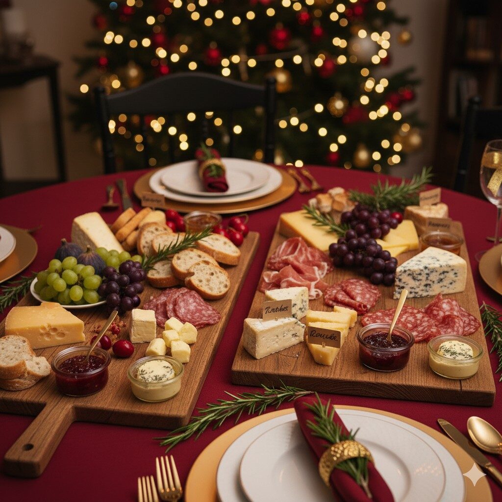 Mesa posta elegante com queijos, pães e charcutaria