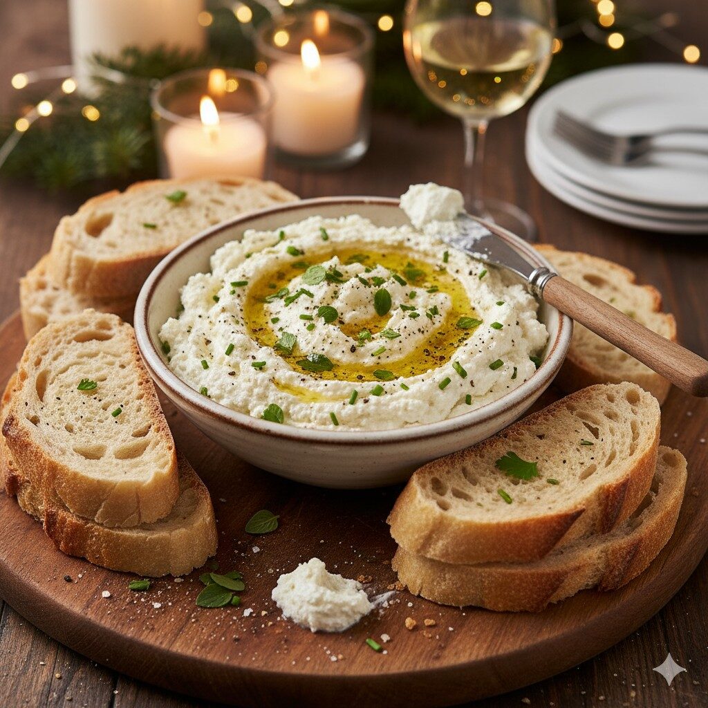 Pastinha de ricota com ervas e pães artesanais