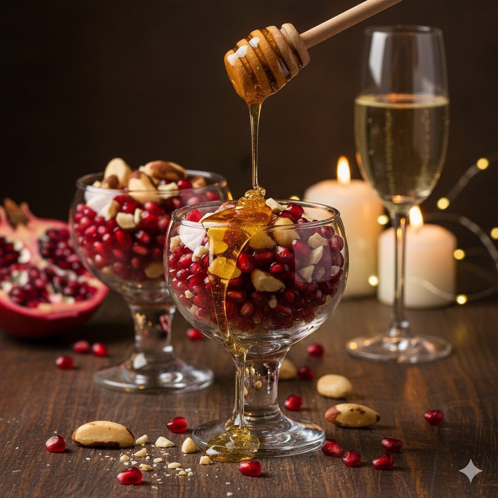 Romã com mel e castanhas