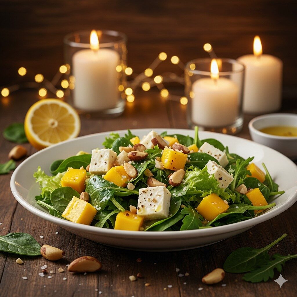 Salada agridoce com manga, Queijo Minas Padrão e castanhas
