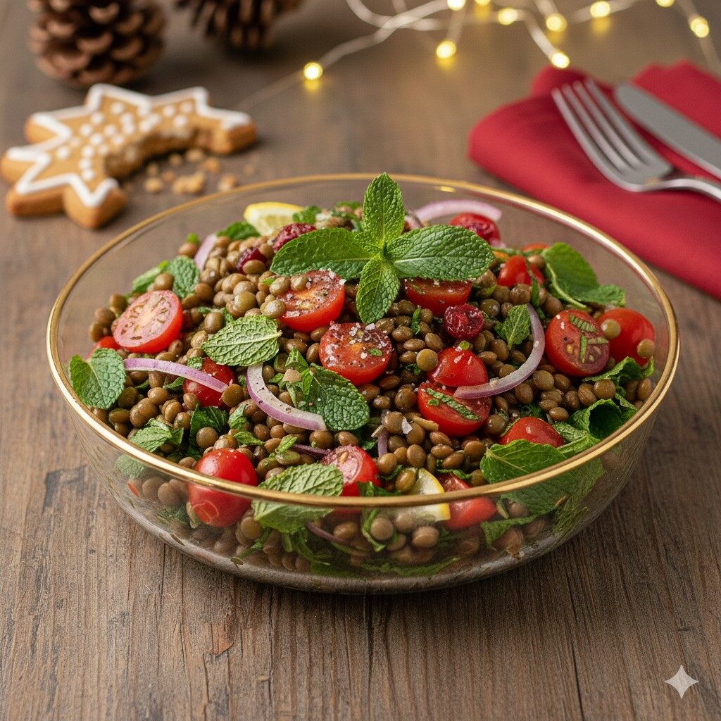 Salada de lentilha festiva com tomate, cebola roxa e hortelã