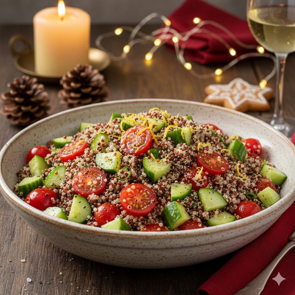 Salada de quinoa colorida com pepino e limão siciliano