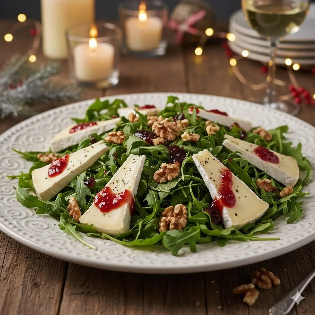 Salada de rúcula com Queijo Brie, nozes e geleia de frutas vermelhas