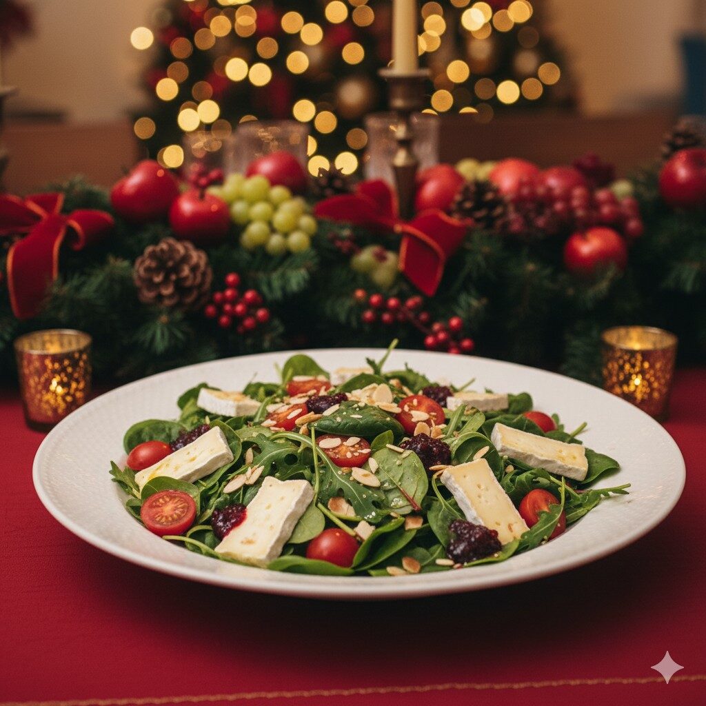 Salada festiva com queijo artesanal e geleia