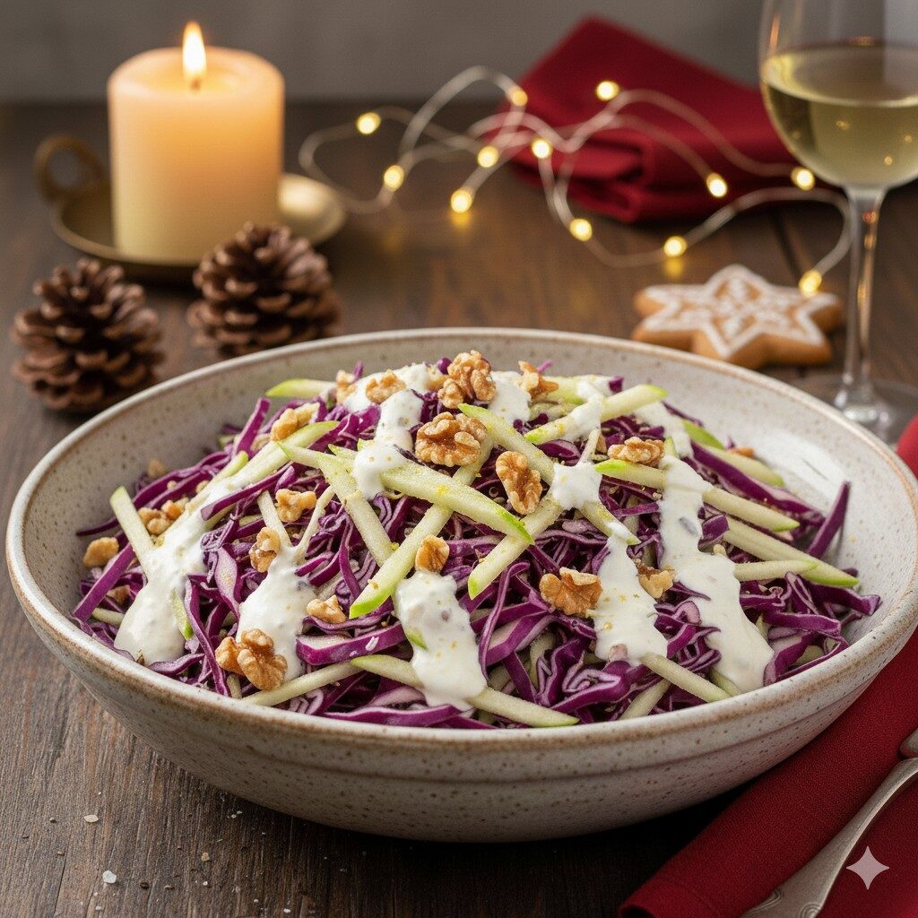 Salada natalina de repolho roxo com maçã verde e nozes